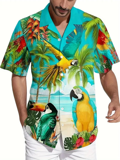 Men's vibrant parrot floral print Hawaiian shirt, men's summer vacation casual short-sleeved button-up beach shirt
