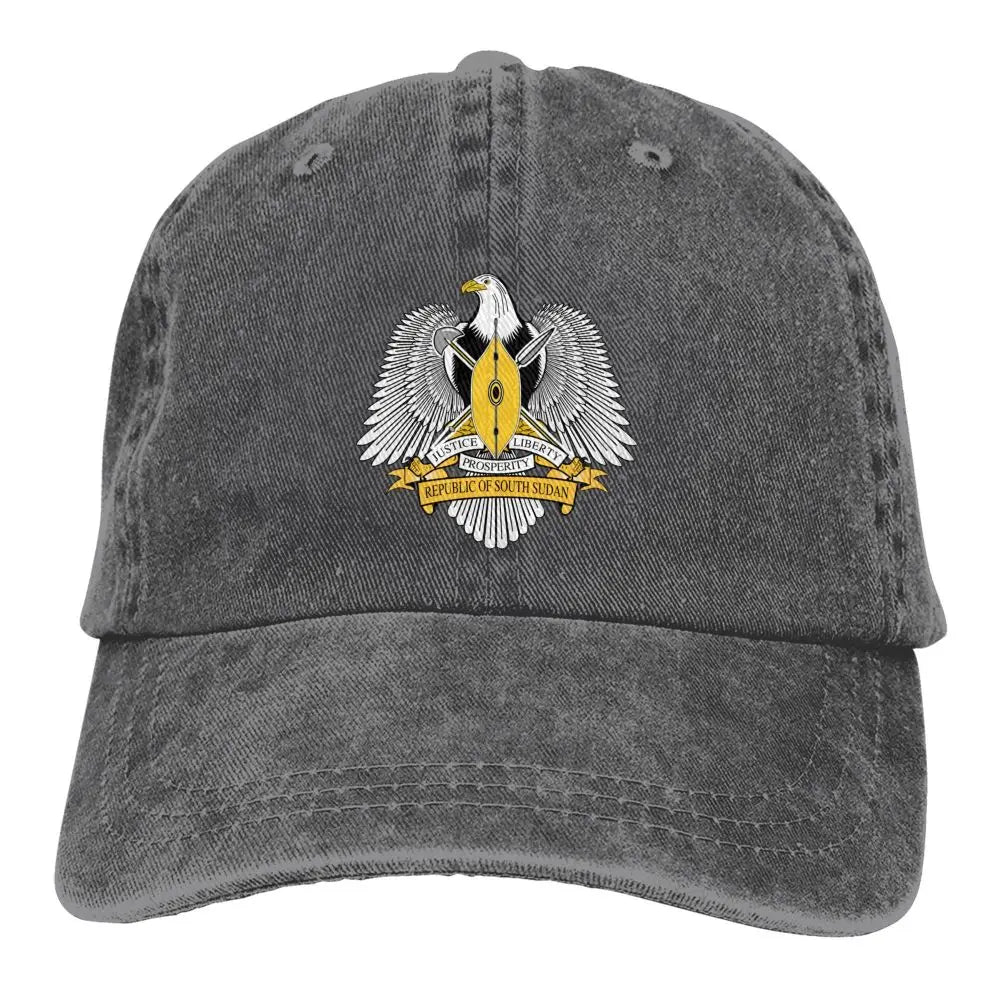 Men Baseball Cap South Sudan Emblem Charcoal Washed Denim Classic Vintage Cotton Dad Trucker Hat Unisex Adult