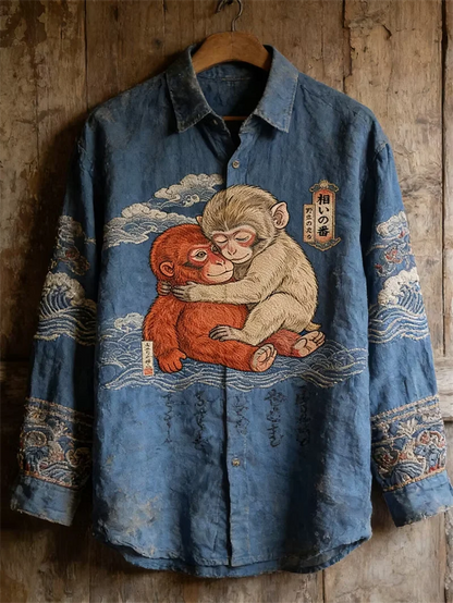 New ukiyo-e monkey denim 3D heart print pattern men's long sleeved shirt retro casual shirt clothing