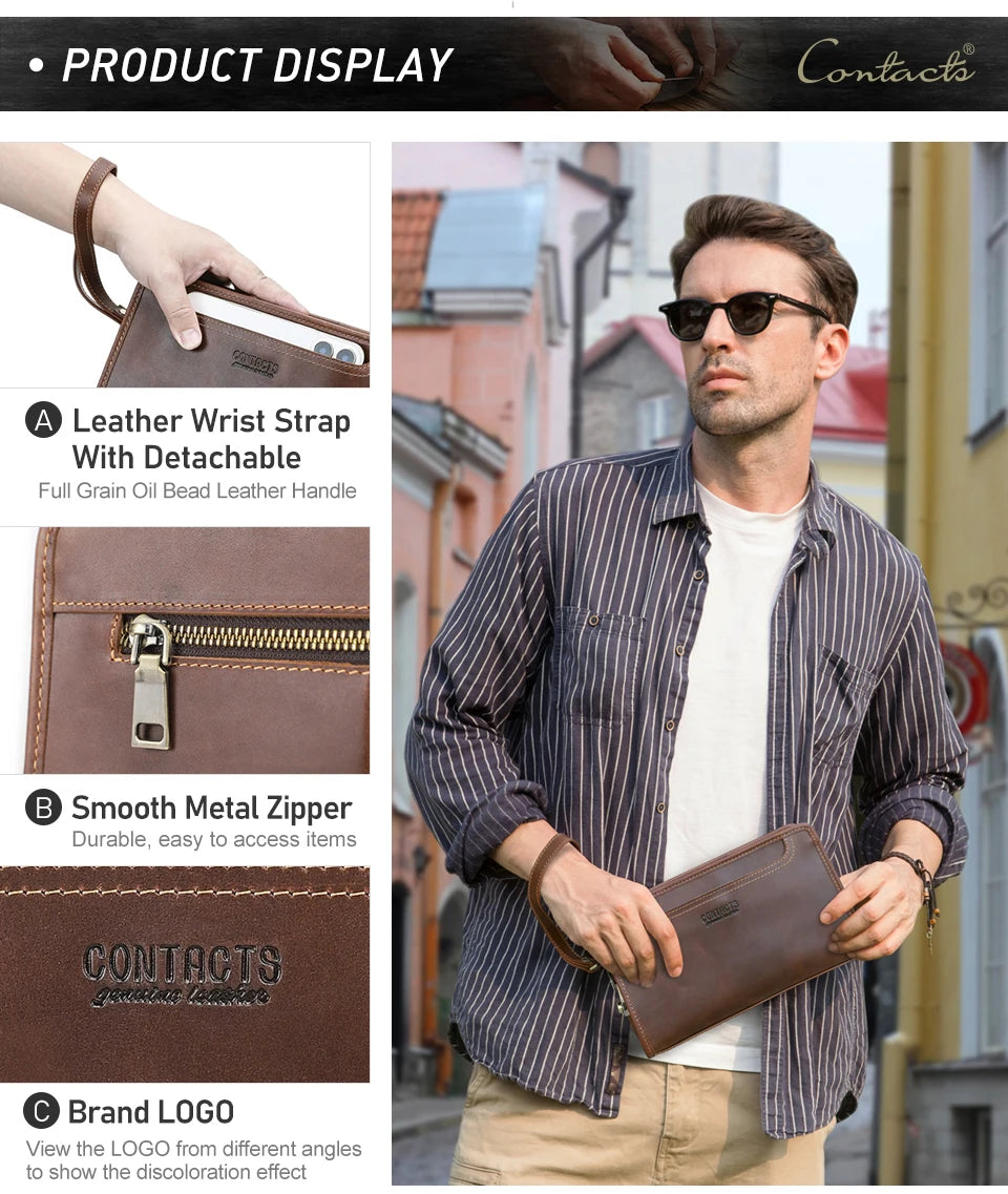 CONTACT'S Genuine Leather Handbag Men Vintage Small Cluth Bag 6 Card Holder iPad Mini Metal Lock Travel Business Pouch Bag