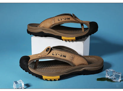 Genuine Cow Leather Shoes Men Sandals Flip Flops Men's Casual Shoes Classic Massage Men Beach Slippers Anti-slip Summer 2025 New