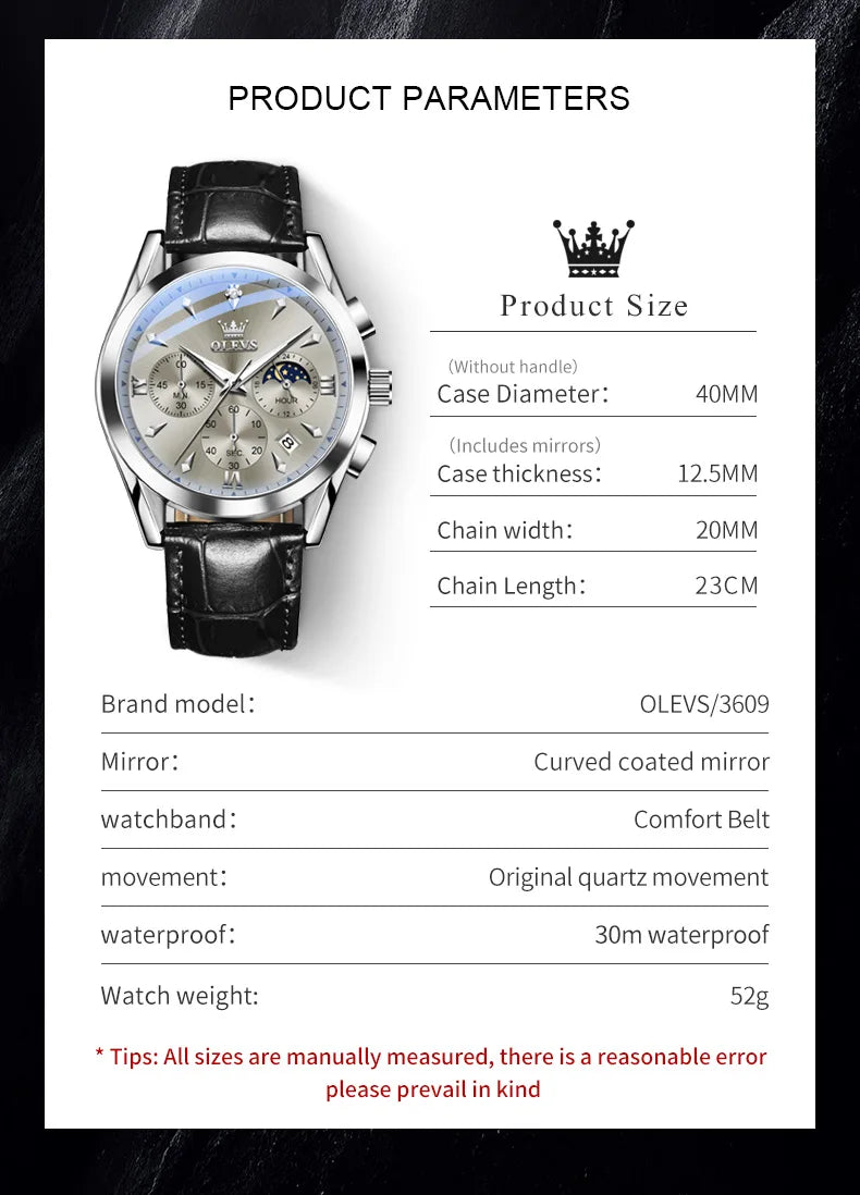 OLEVS Luxury Men's Watches Leather Strap Waterproof Luminous Chronograph Moon Phase Man Watch Top Original Quartz Watch for Men