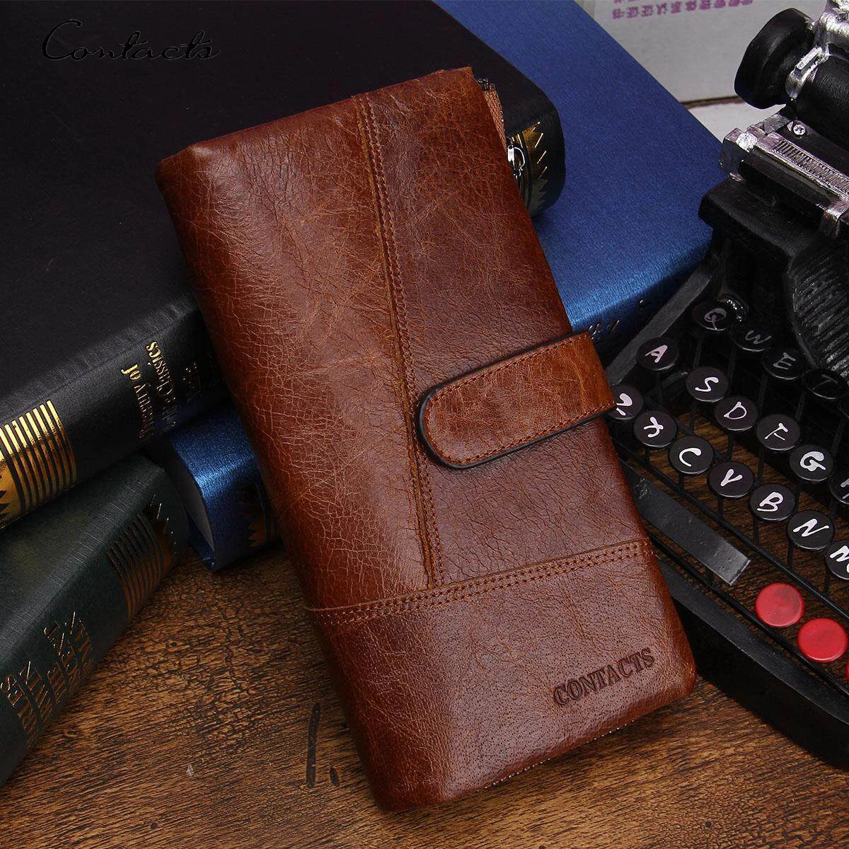 CONTACTS Genuine Leather Men Wallet Long Vintage Bifold Men's Wallet Zipper Coin Purses Large Capacity Money Clips Card Holder