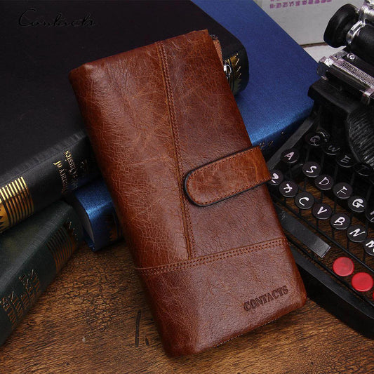 CONTACTS Genuine Leather Men Wallet Long Vintage Bifold Men's Wallet Zipper Coin Purses Large Capacity Money Clips Card Holder