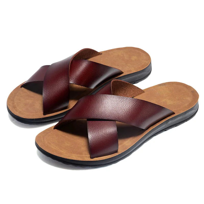 Men Summer Shoes Italian Leather Slippers Outdoor Men High Quality Big Size 38-47 Beach Flip Flops Slip on Men's Sandals MSH038