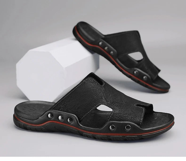 Summer Men Slippers Genuine Leather Breathable Clogs Sandals Beach Classics Leather Slides Outdoor Flip Flops Plus Size Men Shoe