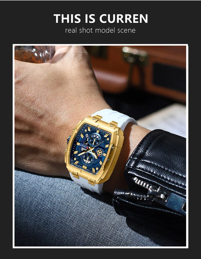 CURREN Luxury Vintage Watch for Men Sports Chronograph Quartz Wristwatches with Silicone Strap,Date,Luminous