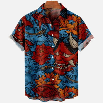 Summer New Retro Men's Shirt Devil Horror Skull Short Sleeve Shirt Collar 3D Printing