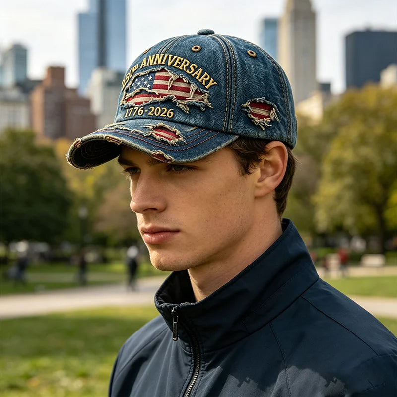 250th Anniversary of American Independence Commemorative Cowboy Ripped Baseball Cap, Patriotic Baseball Cap, Adjustable