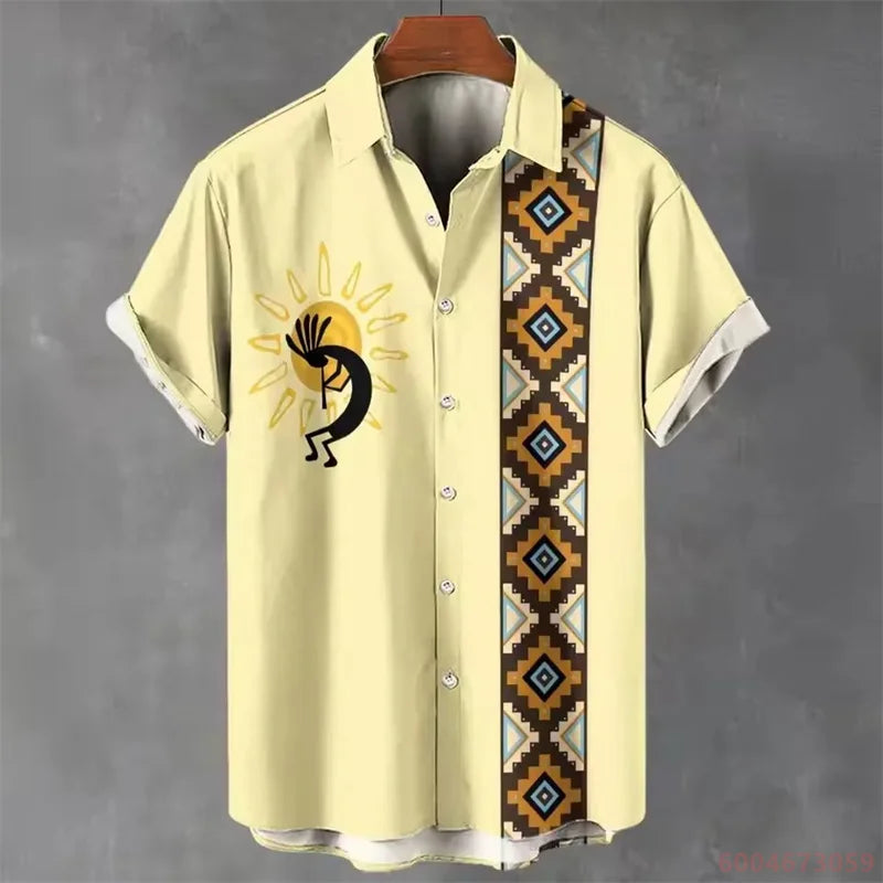 2026 Summer Men's Short-Sleeve Shirt, Coconut Tree Print, Color-Blocked Placket, Casual Vacation Beach Shirt, Hawaiian Shirt
