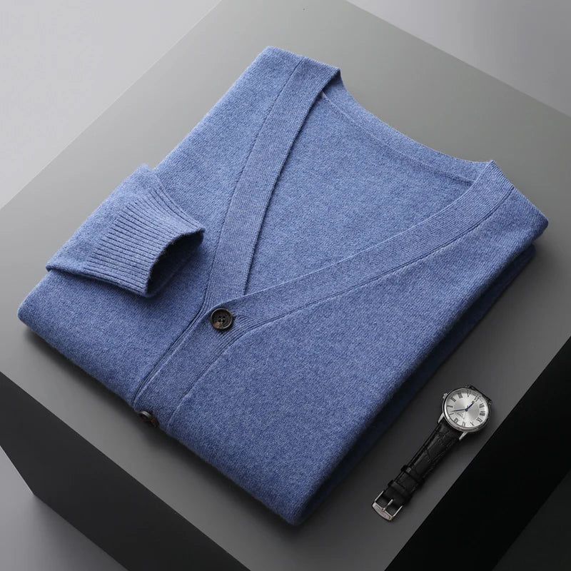 100% Pure Wool Sweater Autumn Winter New Men's Cardigan V-Neck Buckle Jacket Loose Casual Cashmere Knitted Sweater Long Sleeveds