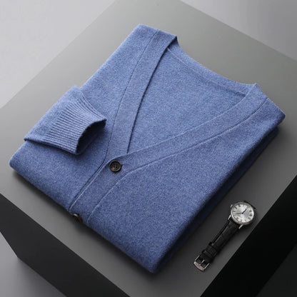 100% Pure Wool Sweater Autumn Winter New Men's Cardigan V-Neck Buckle Jacket Loose Casual Cashmere Knitted Sweater Long Sleeveds