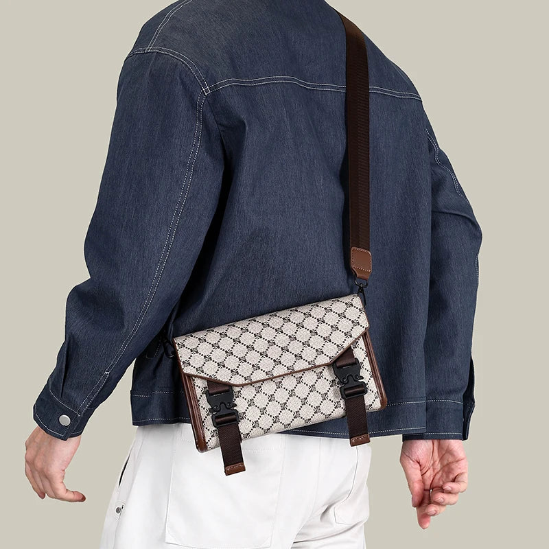Men's Classic Printed Crossbody Bag – Gray Geometric Pattern Sling Bag with Buckle Closure Ideal for Daily Commute & Casual Wear