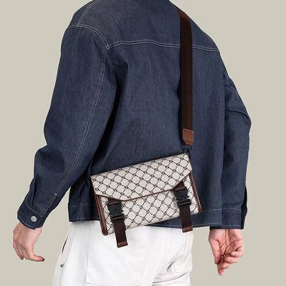 Men's Classic Printed Crossbody Bag – Gray Geometric Pattern Sling Bag with Buckle Closure Ideal for Daily Commute & Casual Wear