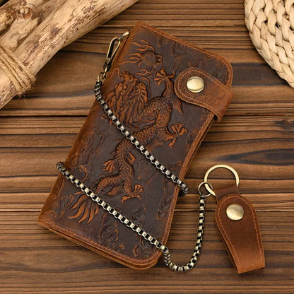 Men's Genuine Leather Wallet Chain Snap Bifold Purse Crazy Horse Leather Card Case Phone Card Holder Clutch Dragon Wallet