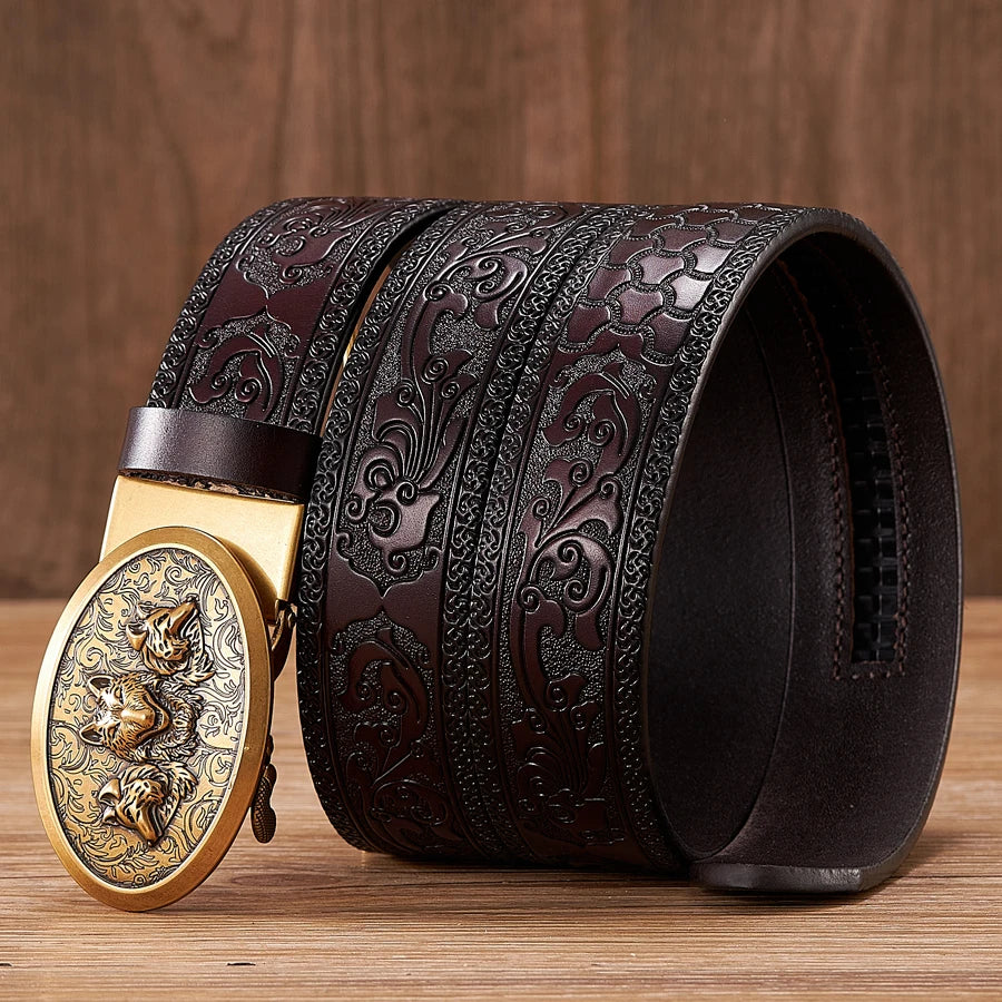 3.5cm Fashion Embossing Retro Male Belts for Men Business Split Leather Belt Dragon Pattern Automatic Buckle Strap