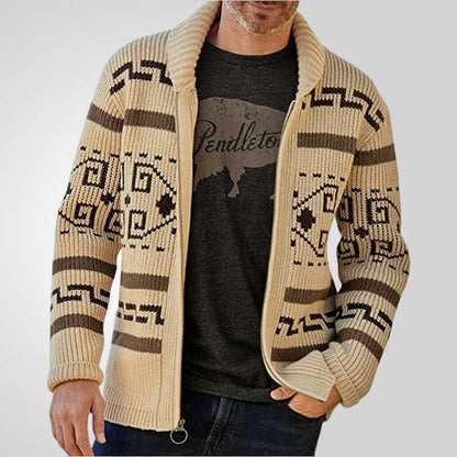 Men's Geometric Knit Cardigan Shawl Collar Full Zip-Up Tribal Print Sweater Chunky Ribbed Knit Vintage Navajo-Inspired Jacket