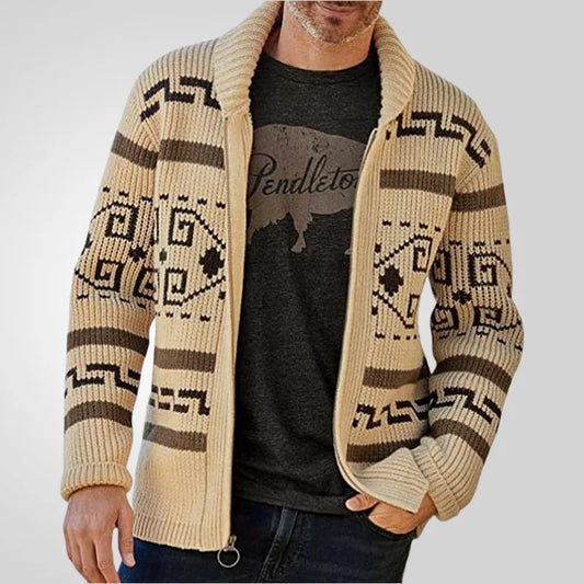 Men's Geometric Knit Cardigan Shawl Collar Full Zip-Up Tribal Print Sweater Chunky Ribbed Knit Vintage Navajo-Inspired Jacket