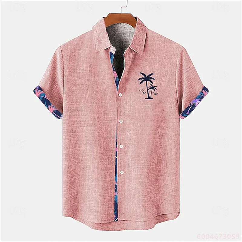 2026 Summer Men's Short-Sleeve Shirt, Coconut Tree Print, Color-Blocked Placket, Casual Vacation Beach Shirt, Hawaiian Shirt