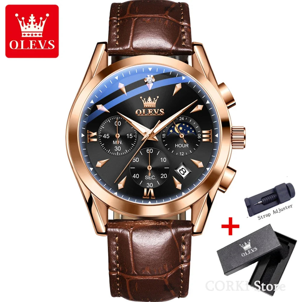 OLEVS 3609 Original Moon Phase Chronograph Watch for Men Leather Waterproof Luminous Luxury Quartz Mens Wristwatches Reloj Mujer