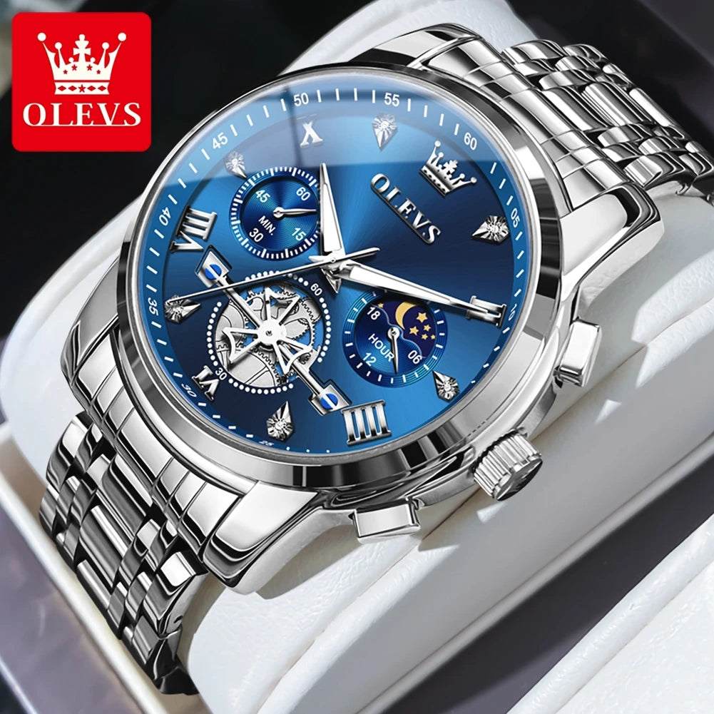 OLEVS Men's Watches Classic Multifunctional Flywheel Chronograph Original Quartz Wristwatch Moon Phase 24 Hour Waterproof Reloj