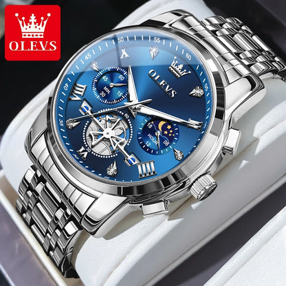 OLEVS Men's Watches Classic Multifunctional Flywheel Chronograph Original Quartz Wristwatch Moon Phase 24 Hour Waterproof Reloj