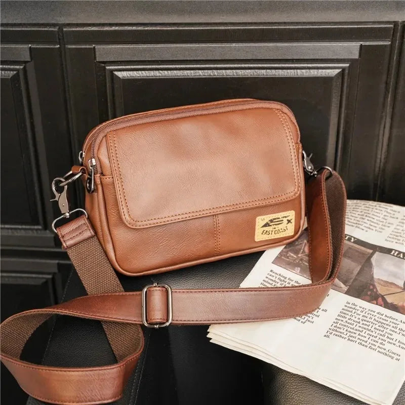 Vinatge Men's Crossbody Bag Soft PU Leather Shoulder Bag For Men Fashion Square Crossbody Messenger Bag Flap Zipper Satchels