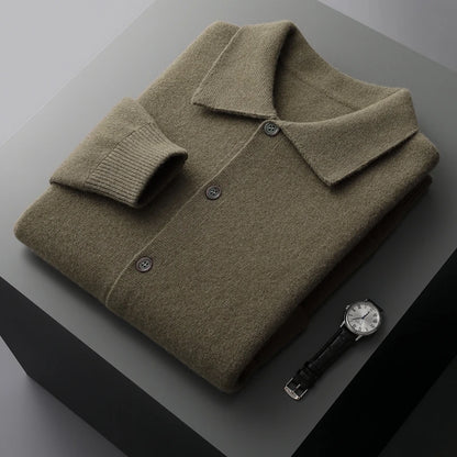 Autumn And Winter 100% Cashmere Cardigan Men's POLO Collar Coat Knitted Baseball Uniform Jacket Bottoming Wool Sweater
