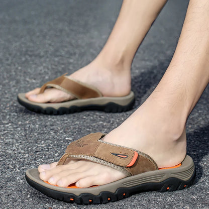 Men Sport Thong Slippers Genuine Leather Upper Adjustable Hook Loop Shock Absorb Anti Slip MD Sole Daily Beach Casual Flip Flops