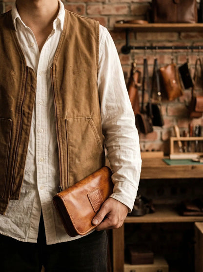 YETTIES Men's Vegetable Tanned Leather Long Clutch Wallet Large Capacity Multi-Function Document Vintage Business Handheld Purse