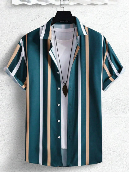 Summer Men's Colorful Stripes3DPattern Printed Street Fashion Casual Short-Sleeved Shirt - OutdoorQuick-Drying Short-SleeveShirt