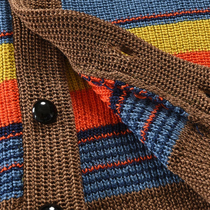 Trendy Mens Knitted Cardigans 2025 Spring Casual Button-up Lapel Sweatercoats Men Vintage Rainbow Striped Sweater Jacket Coats