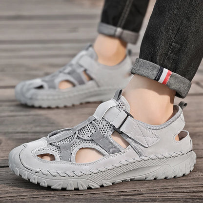 Men Outdoor Protective Toe Sandals Hollow Breathable Mesh Upper Quick Dry Lining Non Slip Walking Camping Driving Casual Shoes
