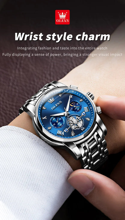 OLEVS Men's Watches Classic Multifunctional Flywheel Chronograph Original Quartz Wristwatch Moon Phase 24 Hour Waterproof Reloj
