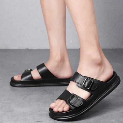 Summer Men's Slippers High Quality Cow Leather Sandals Outdoor Non Slip Platform Sandals Comfort Casual Slippers for Men Slides