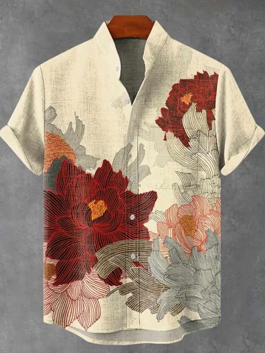 Men's Short Sleeve Shirt Hawaiian Plant Print Flap-Collar Beachfront Button Shirt Casual Top Fashion Shirt