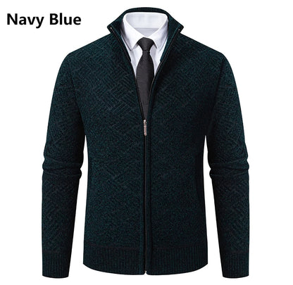Mens Sweaters Jacket Full Zip Fleeced Sweater Cardigan Plaid Stand Collar Sweaters Coat Autumn Winter Homme Clothes