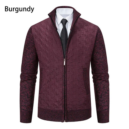 Mens Sweaters Jacket Full Zip Fleeced Sweater Cardigan Plaid Stand Collar Sweaters Coat Autumn Winter Homme Clothes