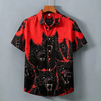 Men's Domineering Wolf Head Printed Short Sleeved Shirt with Wild Style and Personality Suitable for Street Shirts