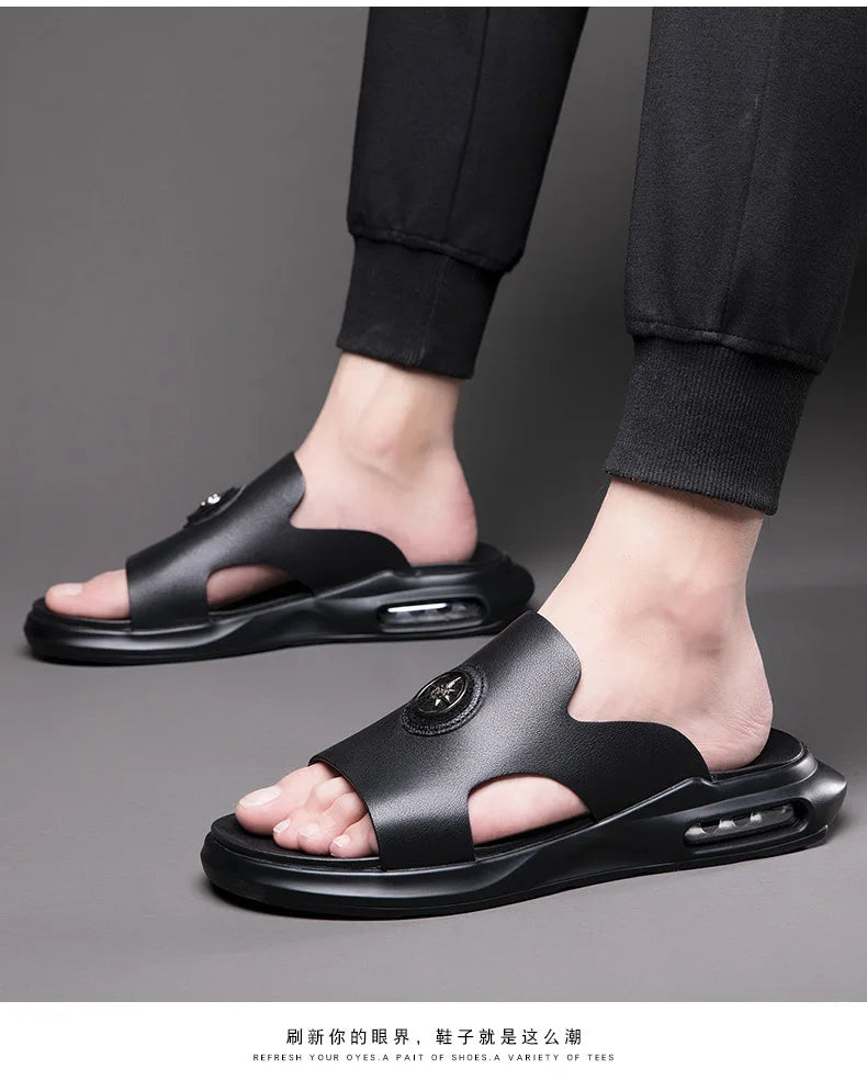 New Luxury Men's Genuine Leather Sandals Classic Roman Men Shoes Slippers Soft Comfortable Men Non-slip Walking Slippers Footwea