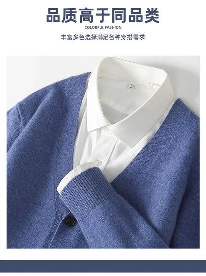 100% Pure Wool Sweater Autumn Winter New Men's Cardigan V-Neck Buckle Jacket Loose Casual Cashmere Knitted Sweater Long Sleeveds