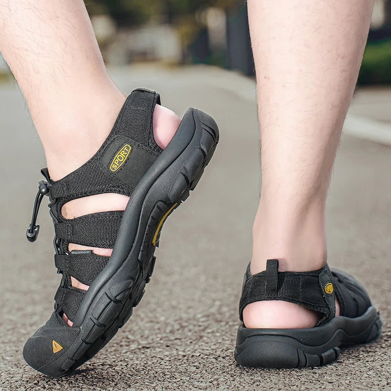 Outdoor Summer Men Sandals Leather Mens Casual Shoes Non-Slip Male Beach Shoes Anti-collision Toe Roman Flats Flip-flops 38-48