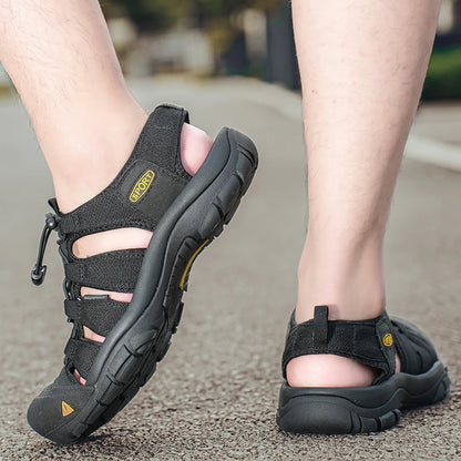 Outdoor Summer Men Sandals Leather Mens Casual Shoes Non-Slip Male Beach Shoes Anti-collision Toe Roman Flats Flip-flops 38-48