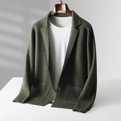 100% Pure Wool Cardigan Men's Spring And Autumn High-End Outerwear Sweater Casual Small Suit Jacket Olive Collar Sweater