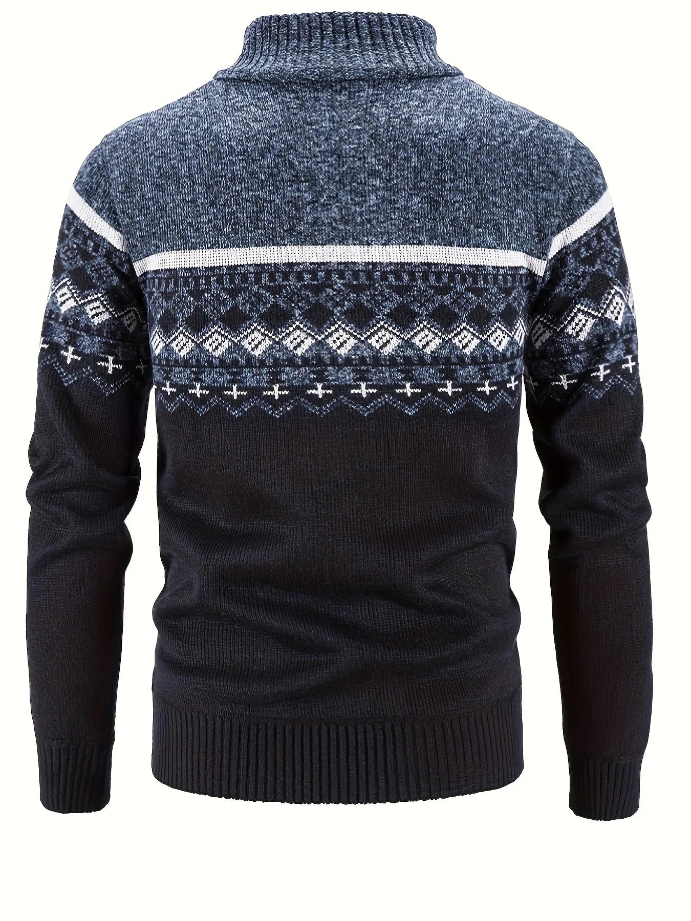 Men's Zip Up Fair Isle Cardigan Sweater Warm Knit Jacquard Stand Collar Casual Winter Pullover with Thermal Lining