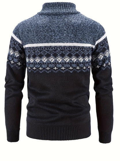 Men's Zip Up Fair Isle Cardigan Sweater Warm Knit Jacquard Stand Collar Casual Winter Pullover with Thermal Lining