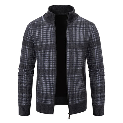 Mens Sweaters Jacket Full Zip Fleeced Sweater Cardigan Plaid Stand Collar Sweaters Coat Autumn Winter Homme Clothes