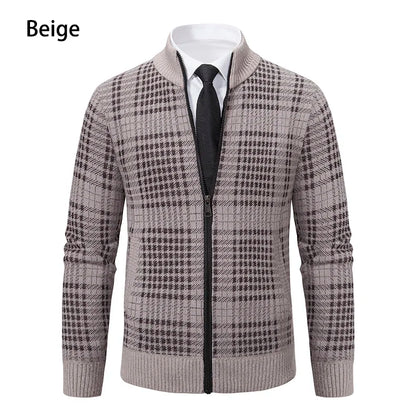 Mens Sweaters Jacket Full Zip Fleeced Sweater Cardigan Plaid Stand Collar Sweaters Coat Autumn Winter Homme Clothes