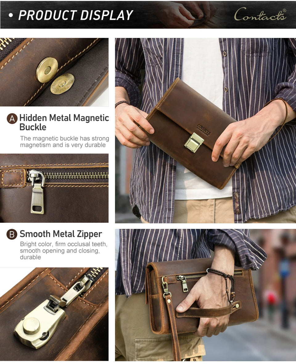 CONTACT'S Genuine Leather Clutch Bags Men Password Retro Wrist Strap Handbag iPad Travel Business Fitness Clutch Wallet