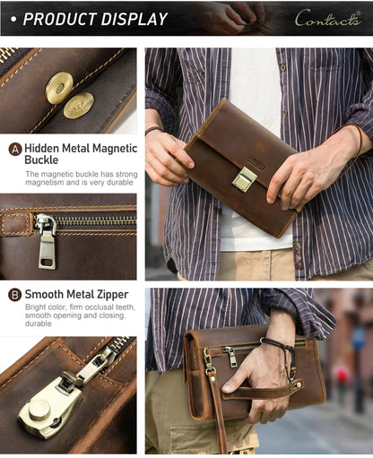 CONTACT'S Genuine Leather Clutch Bags Men Password Retro Wrist Strap Handbag iPad Travel Business Fitness Clutch Wallet